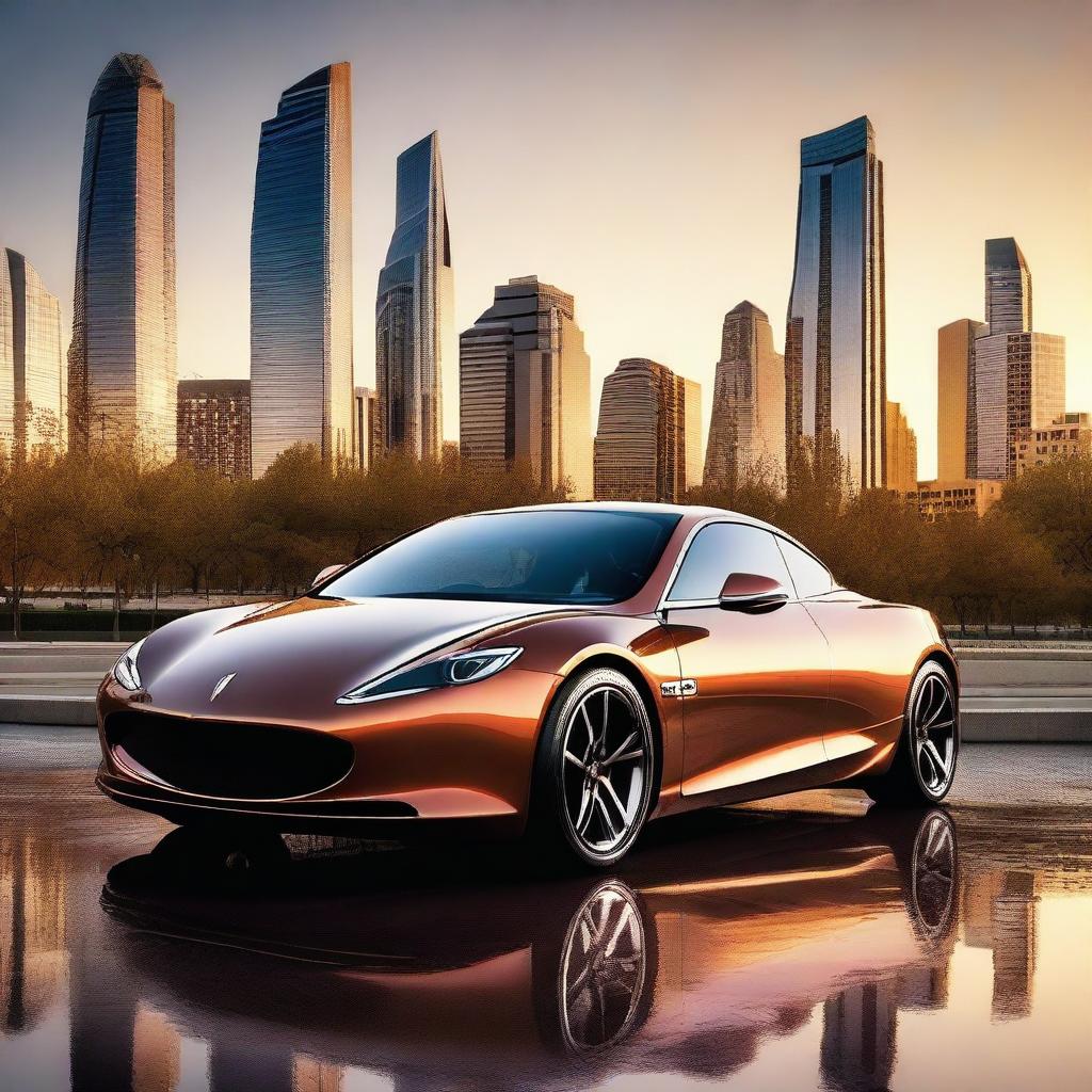 A highly detailed image of a sleek, modern car parked in front of a city skyline at sunset