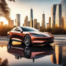 A highly detailed image of a sleek, modern car parked in front of a city skyline at sunset