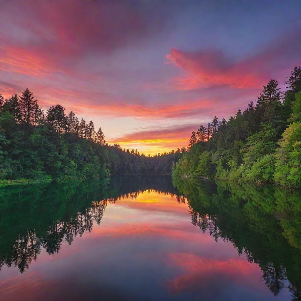 A vibrant sunset over a picturesque lake surrounded by tall, lush trees.