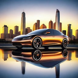 A highly detailed image of a sleek, modern car parked in front of a city skyline at sunset