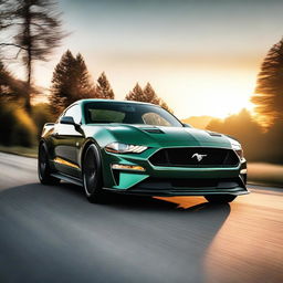 A photorealistic image of a Forrest green Mustang GT with black tinted windows and black rims, driving off into the sunset