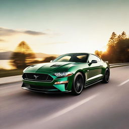 A photorealistic image of a Forrest green Mustang GT with black tinted windows and black rims, driving off into the sunset