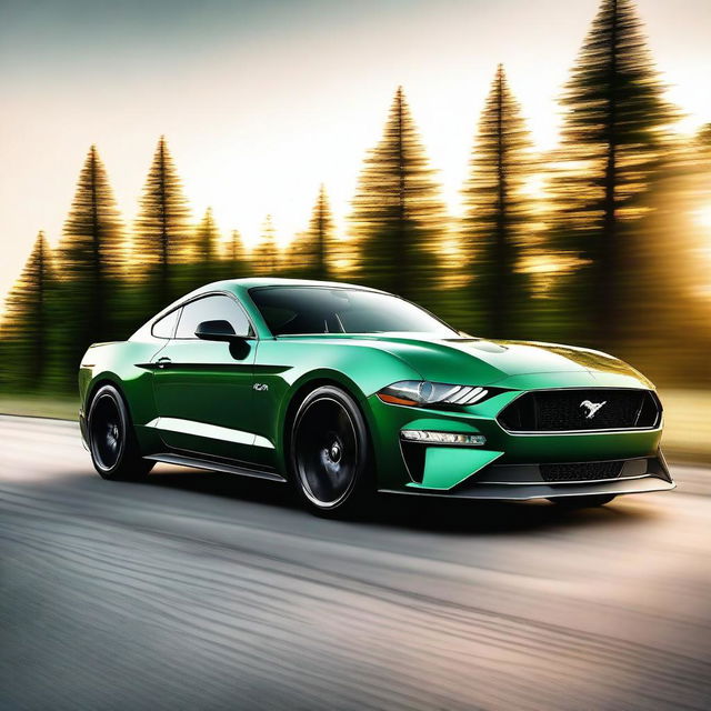 A photorealistic image of a Forrest green Mustang GT with black tinted windows and black rims, driving off into the sunset