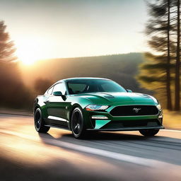 A photorealistic image of a Forrest green Mustang GT with black tinted windows and black rims, driving off into the sunset