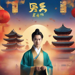 Create a book cover featuring a young man named Li Ming in ancient attire standing in front of a vibrant backdrop