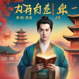 Create a book cover featuring a young man named Li Ming in ancient attire standing in front of a vibrant backdrop