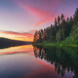 A vibrant sunset over a picturesque lake surrounded by tall, lush trees.