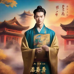 Create a book cover featuring a young man named Li Ming in ancient attire standing in front of a vibrant backdrop