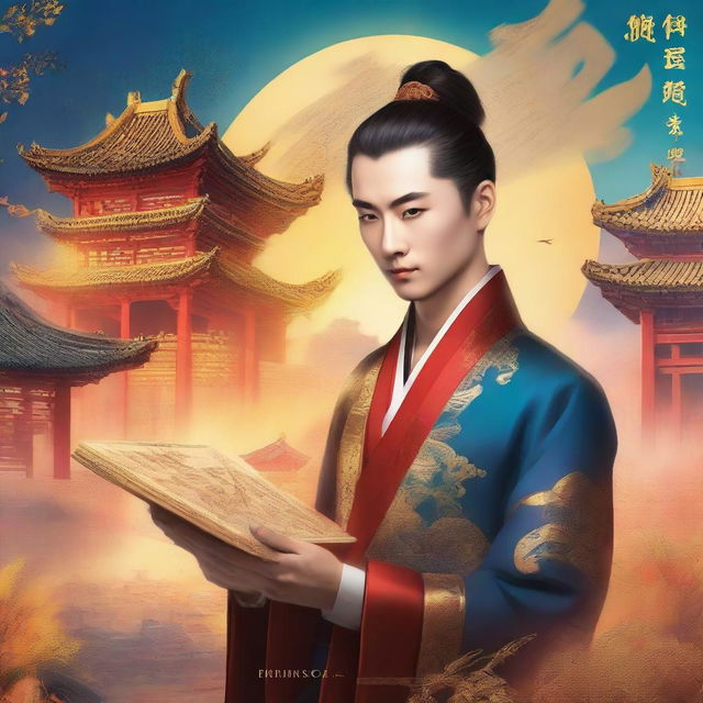 Create a book cover featuring a young man named Li Ming in ancient attire standing in front of a vibrant backdrop