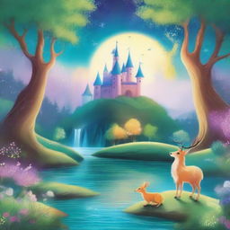 A beautiful fairy tale book cover featuring a magical forest with enchanted creatures, a majestic castle in the background, and a sparkling river flowing through