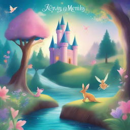 A beautiful fairy tale book cover featuring a magical forest with enchanted creatures, a majestic castle in the background, and a sparkling river flowing through