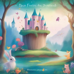 A beautiful fairy tale book cover featuring a magical forest with enchanted creatures, a majestic castle in the background, and a sparkling river flowing through