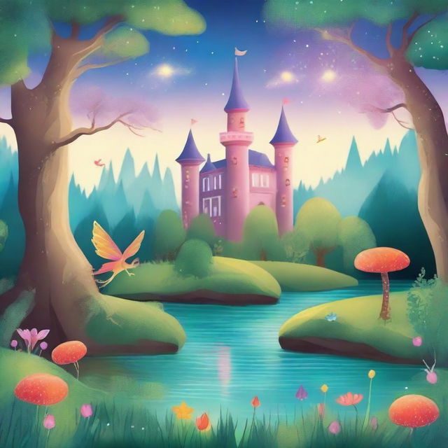 A beautiful fairy tale book cover featuring a magical forest with enchanted creatures, a majestic castle in the background, and a sparkling river flowing through