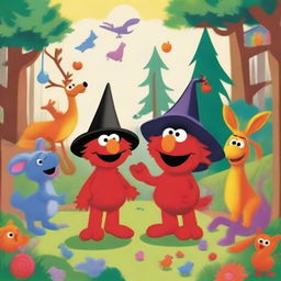 Elmo from Sesame Street standing in a whimsical forest surrounded by various animals like deer, rabbits, and birds