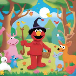 Elmo from Sesame Street standing in a whimsical forest surrounded by various animals like deer, rabbits, and birds