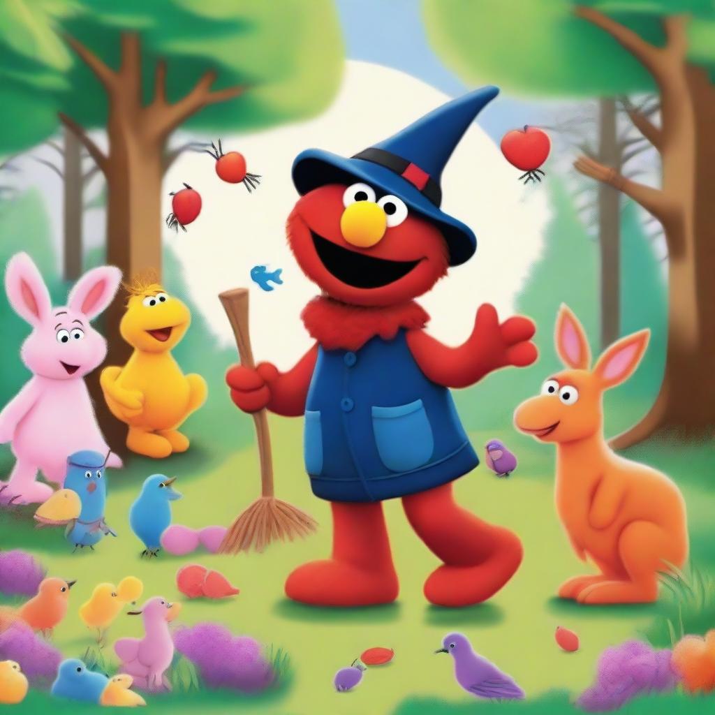 Elmo from Sesame Street standing in a whimsical forest surrounded by various animals like deer, rabbits, and birds