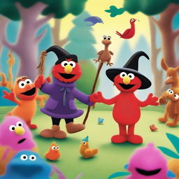 Elmo from Sesame Street standing in a whimsical forest surrounded by various animals like deer, rabbits, and birds