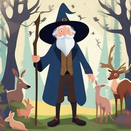 An elderly gentleman standing in a whimsical forest surrounded by various animals like deer, rabbits, and birds