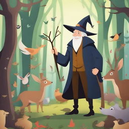 An elderly gentleman standing in a whimsical forest surrounded by various animals like deer, rabbits, and birds