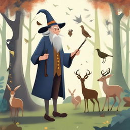 An elderly gentleman standing in a whimsical forest surrounded by various animals like deer, rabbits, and birds