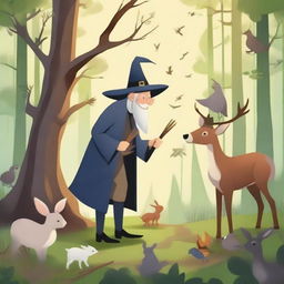 An elderly gentleman standing in a whimsical forest surrounded by various animals like deer, rabbits, and birds