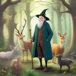 An elderly gentleman standing in a whimsical forest surrounded by various animals like deer, rabbits, and birds