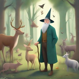 An elderly gentleman standing in a whimsical forest surrounded by various animals like deer, rabbits, and birds