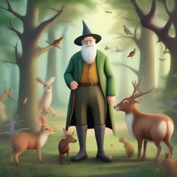 An elderly gentleman standing in a whimsical forest surrounded by various animals like deer, rabbits, and birds