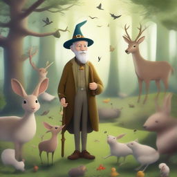 An elderly gentleman standing in a whimsical forest surrounded by various animals like deer, rabbits, and birds