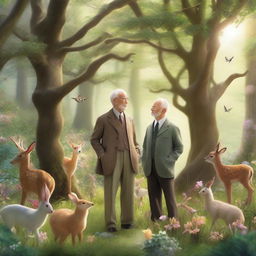 An elderly gentleman standing in a lush, whimsical forest surrounded by various animals like deer, rabbits, birds, and squirrels