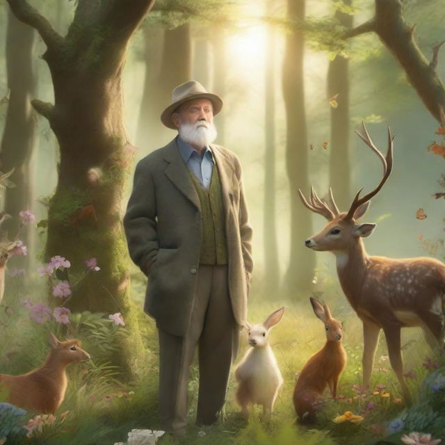 An elderly gentleman standing in a lush, whimsical forest surrounded by various animals like deer, rabbits, birds, and squirrels