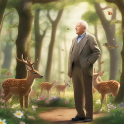 An elderly gentleman standing in a lush, whimsical forest surrounded by various animals like deer, rabbits, birds, and squirrels