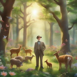 An elderly gentleman standing in a lush, whimsical forest surrounded by various animals like deer, rabbits, birds, and squirrels