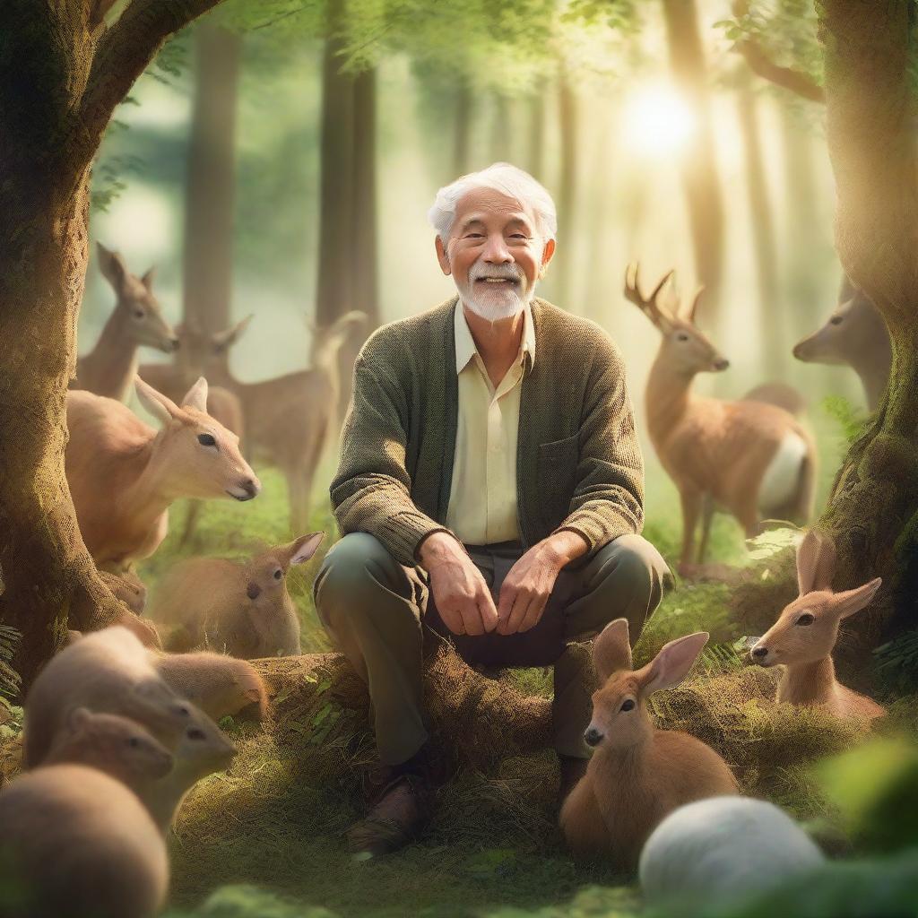 An elderly man surrounded by various animals in a lush forest setting