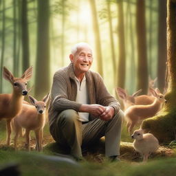 An elderly man surrounded by various animals in a lush forest setting