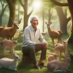 An elderly man surrounded by various animals in a lush forest setting