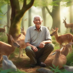 An elderly man surrounded by various animals in a lush forest setting