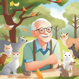 A cute elderly man surrounded by various small animals in a delightful outdoor setting