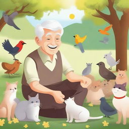 A cute elderly man surrounded by various small animals in a delightful outdoor setting