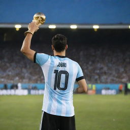 Back view of a man in a 2018 Argentina jersey, number 10, named AJBIR, standing in a football stadium field at night, proudly holding the World Cup in his left hand, with a shining sky above him and a crowded gallery in the background.