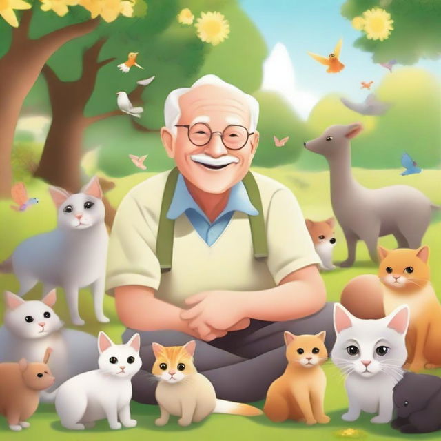 A cute elderly man surrounded by various small animals in a delightful outdoor setting