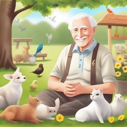 A cute elderly man surrounded by various small animals in a delightful outdoor setting