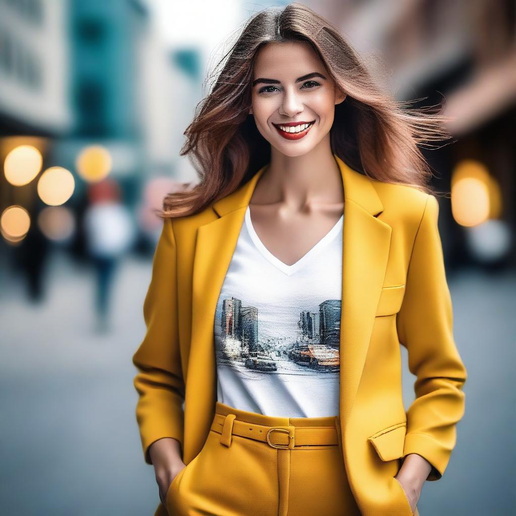 Create an image of an attractive young woman with a confident and stylish appearance