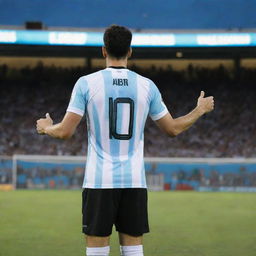 Back view of a man in a 2018 Argentina jersey, number 10, named AJBIR, standing in a football stadium field at night, proudly holding the World Cup in his left hand, with a shining sky above him and a crowded gallery in the background.