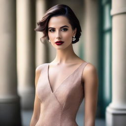 A beautiful woman with striking features, dressed elegantly, posing confidently in a stylish setting