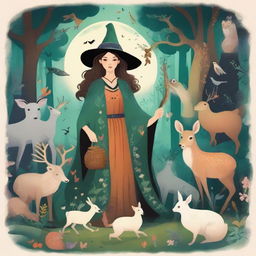 A whimsical scene featuring 'A bruxa dos animais', a kind-hearted witch surrounded by various animals in a magical forest