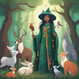 A whimsical scene featuring 'A bruxa dos animais', a kind-hearted witch surrounded by various animals in a magical forest