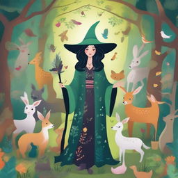 A whimsical scene featuring 'A bruxa dos animais', a kind-hearted witch surrounded by various animals in a magical forest