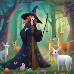 A whimsical scene featuring 'A bruxa dos animais', a kind-hearted witch surrounded by various animals in a magical forest