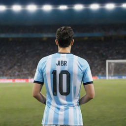 Back view of a man in a 2018 Argentina jersey, number 10, named AJBIR, standing in a football stadium field at night, proudly holding the World Cup in his left hand, with a shining sky above him and a crowded gallery in the background.